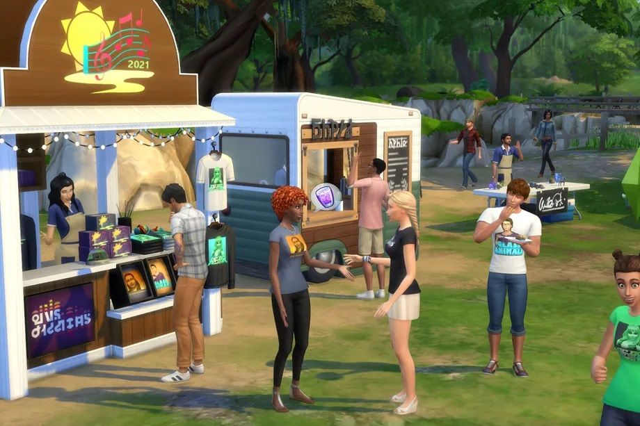 Screenshot from The Sims 4 showing Sim characters at a festival.