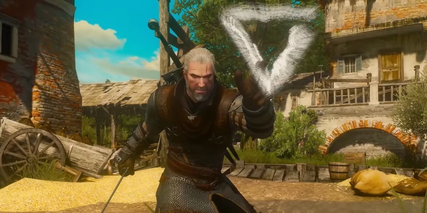 The Witcher 3 Geralt Using An Axii Sign In Combat