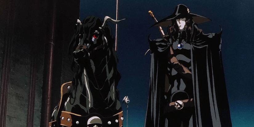 Vampire Hunter D standing next to his horse