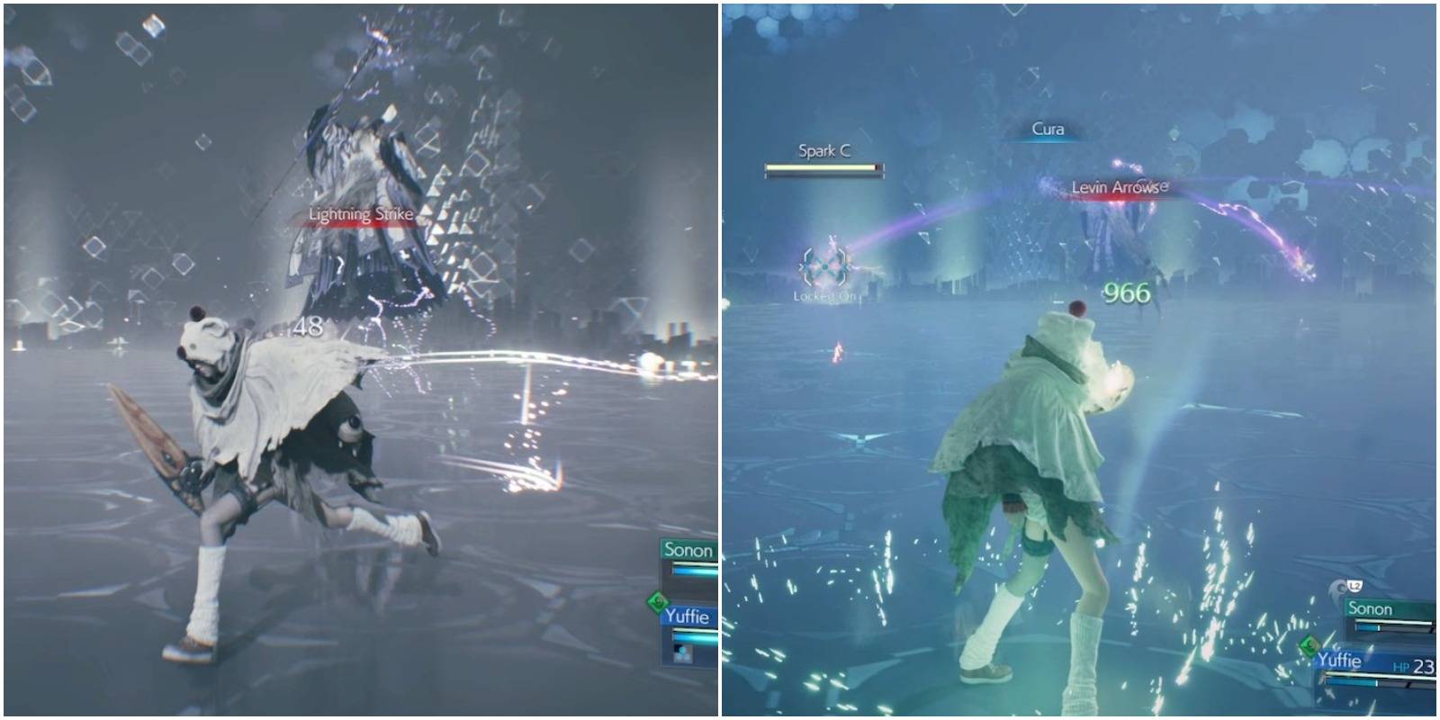 Split image: two shots of Yuffie fighting Ramuh