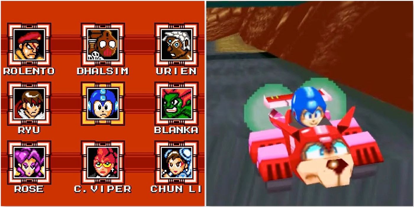 Разделенное изображение: экран выбора персонажа из Street Fighter X Mega Man и гонки в Mega Man: Battle & Chase