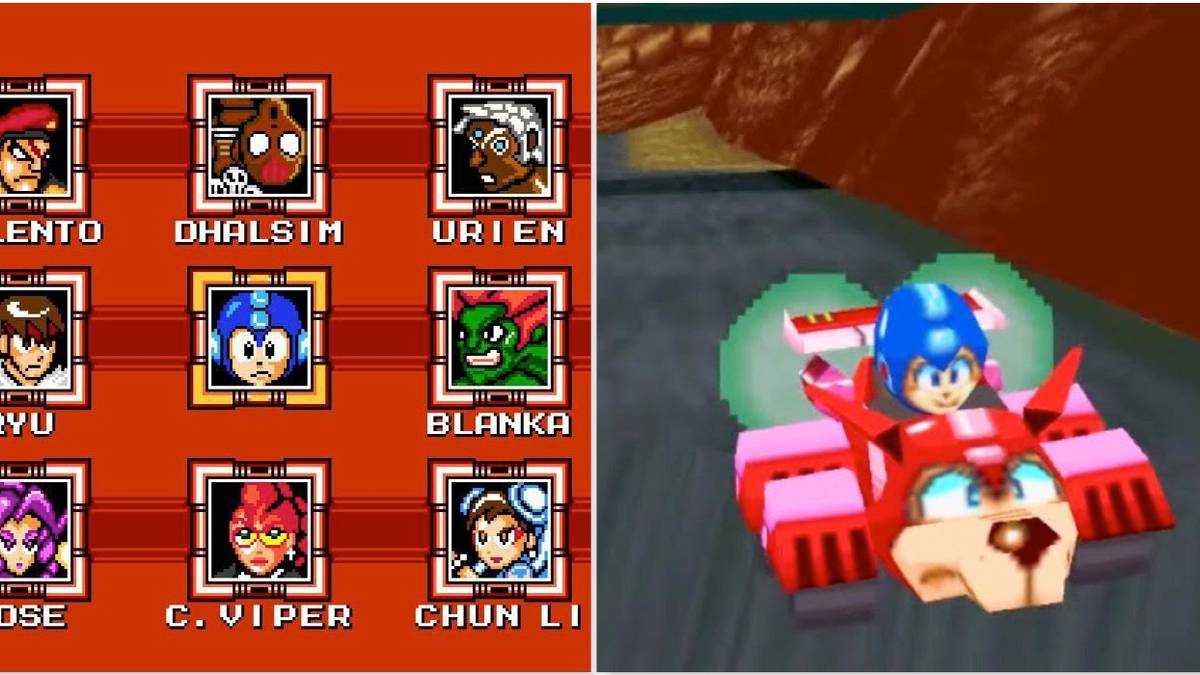 Split image: character select screen from Street Fighter X Mega Man and racing in Mega Man: Battle & Chase
