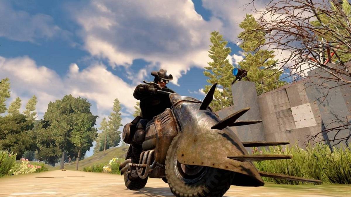 Screenshot from 7 Days to Die showing the avatar on a motorcycle.