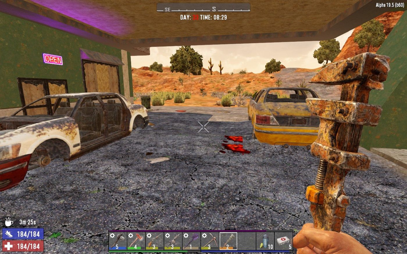 Screenshot from 7 Days to Die showing two rusty cars outside a diner.