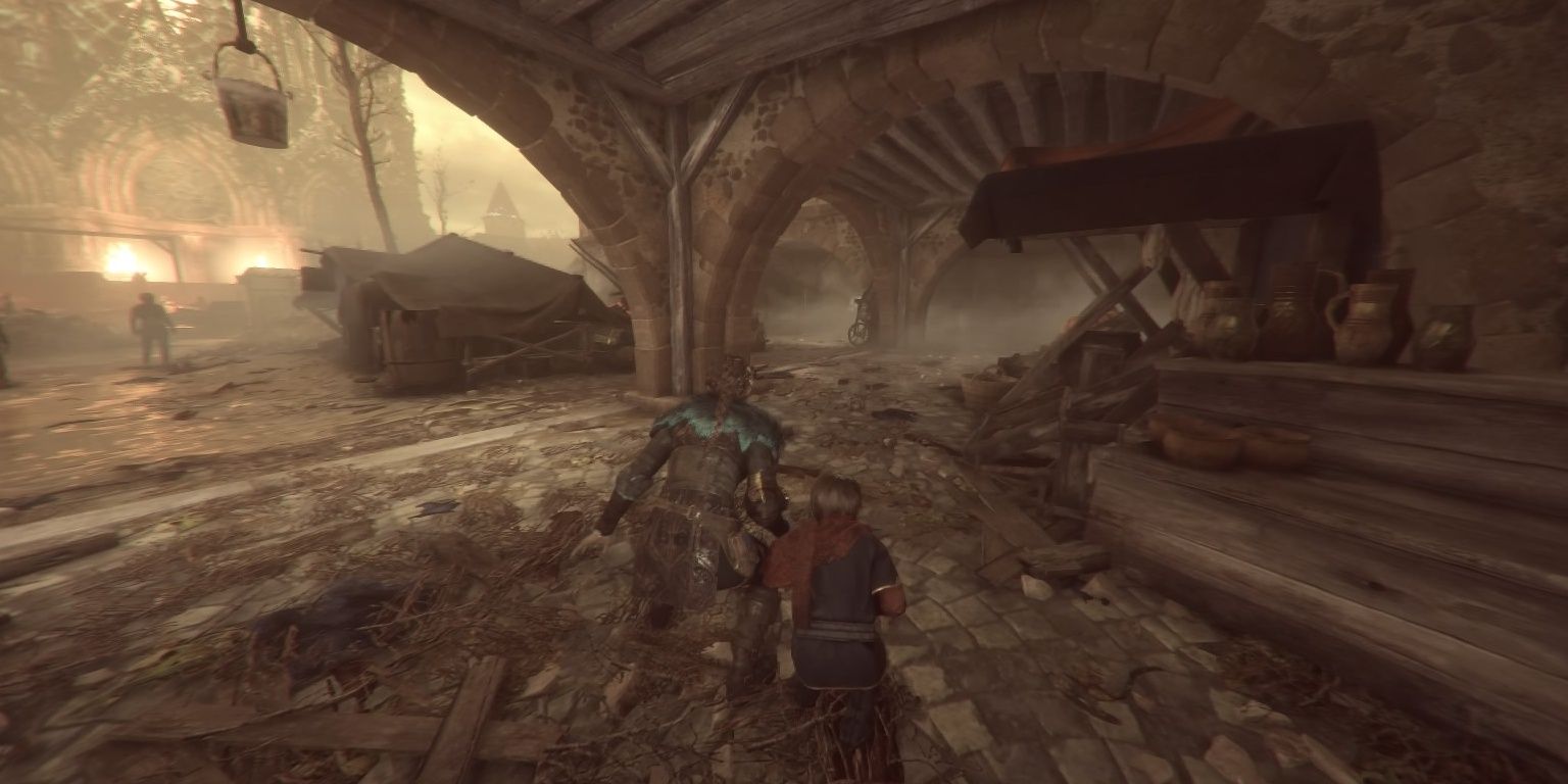 An abandoned marketplace near the Cathedral in A Plague Tale: Innocence.