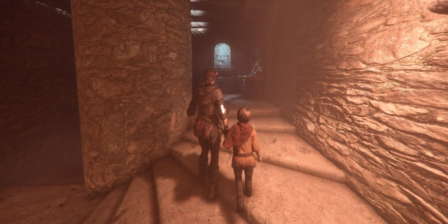 A stairs in the monastery catacombs in A Plague Tale: Innocence.