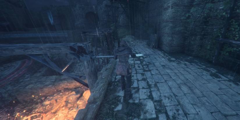 In the red section of inner courtyard in the Chateau d'Ombrage in A Plague Tale: Innocence.