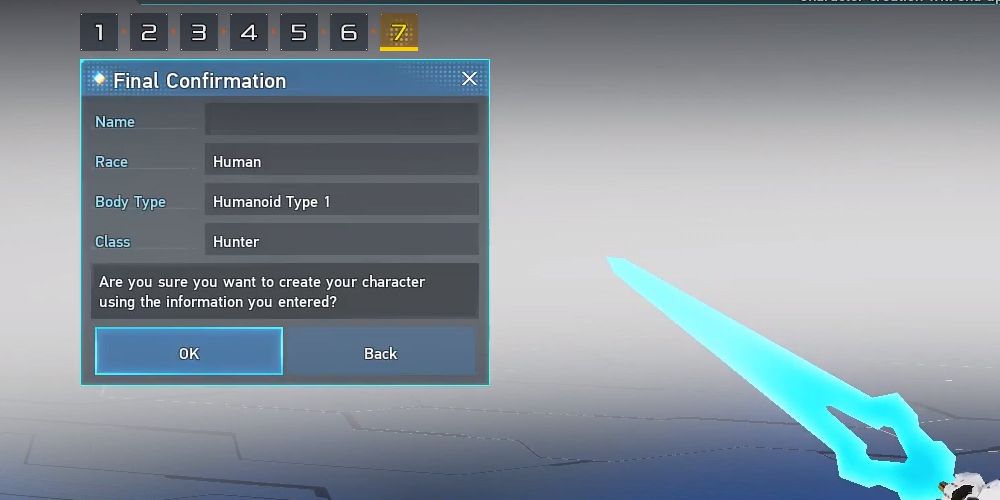 A confirmation screen with character details