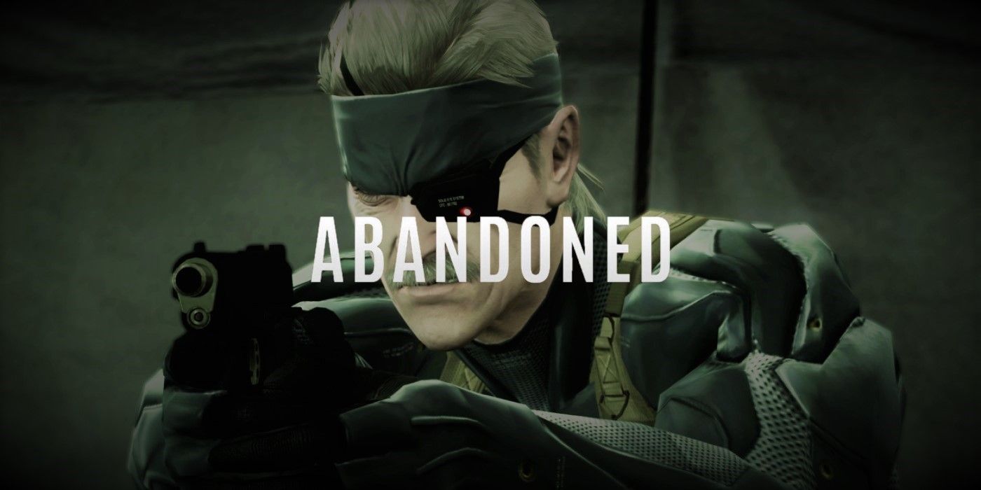 Solid Snake aiming a gun with the "Abandoned" logo imposed in front of him