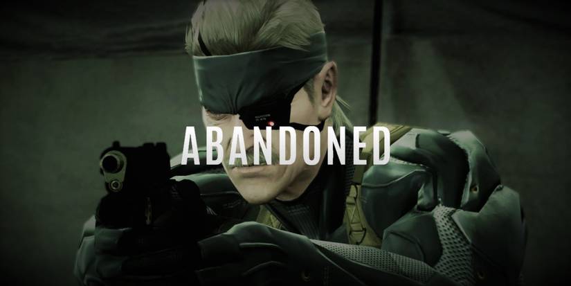 Solid Snake aiming a gun with the "Abandoned" logo imposed in front of him