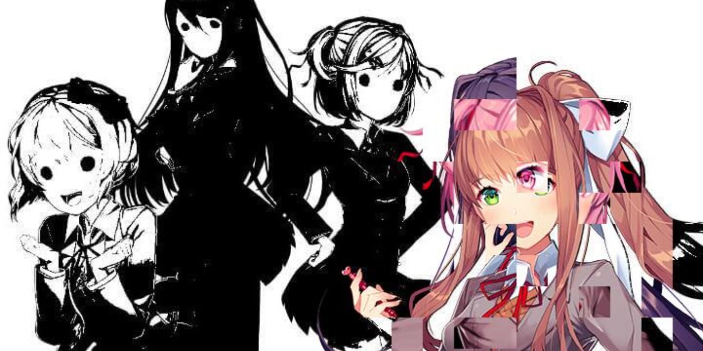 A glitched Monika with the black and white Doki Doki Literature Club members