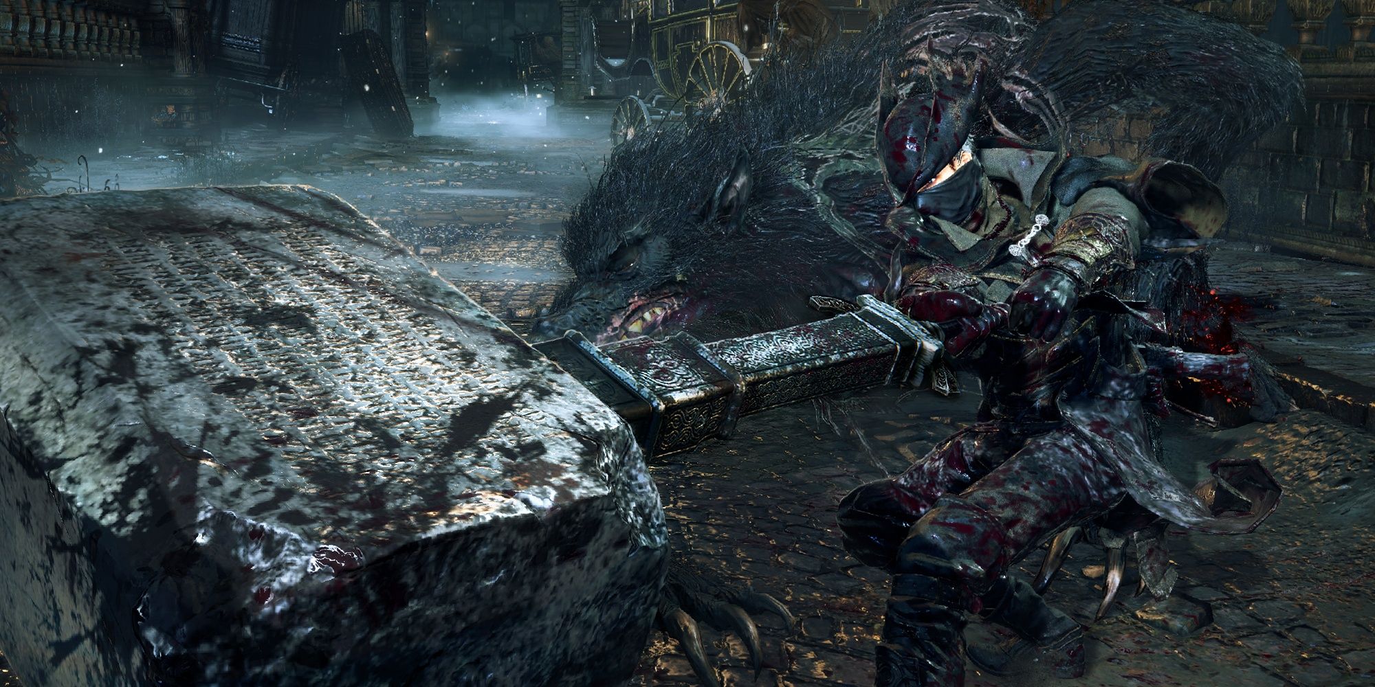 Bloodborne, hunter swinging hammer at giant wolf