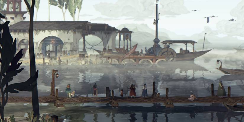 Book of Travels river side market with boats and people