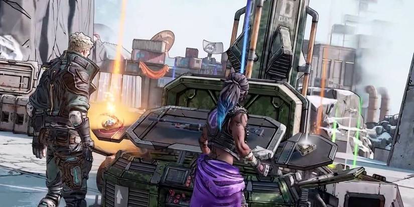 Borderlands 3 Vault Hunters loot a chest for legendary gear