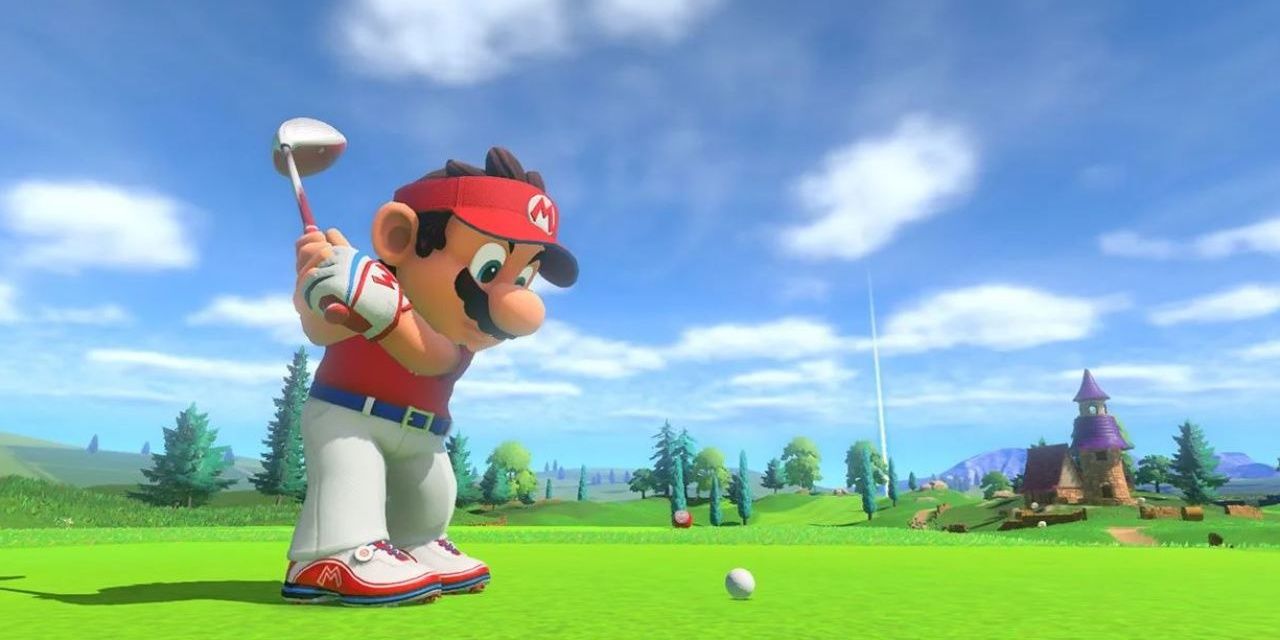 Mario swings in Mario Golf: Super Rush