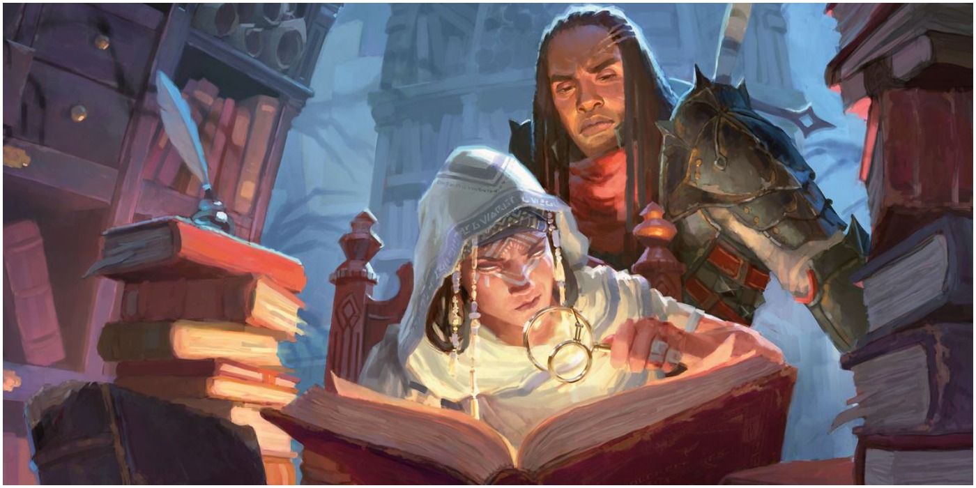 D&D characters poring over books
