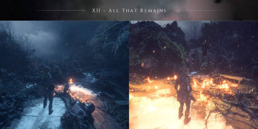 The garden of de Rune estate and the fourth alchemist cart in A Plague Tale: Innocence.