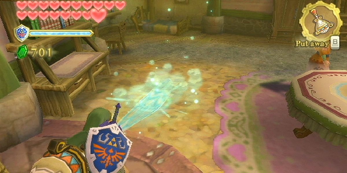 Cleaning Pipit's house in The Legend of Zelda: Skyward Sword
