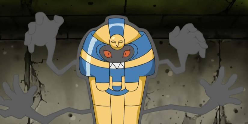 Cofagrigus Pokemon in dark dungeon area in Pokemon anime