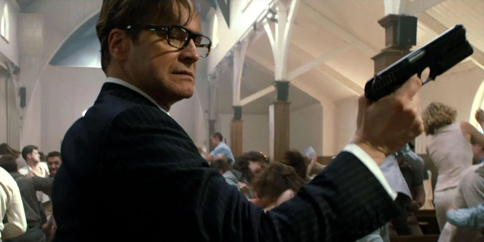 Colin Firth in the church shootout in Kingsman The Secret Service