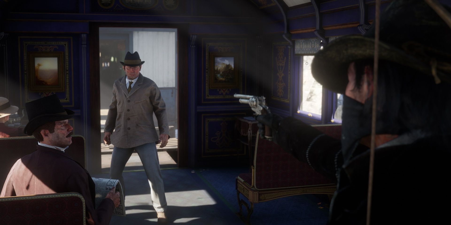 Arthur Morgan aiming his gun at an NPC in Red Dead Redemption 2