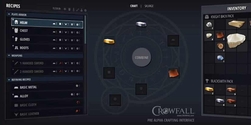 Crowfall crafting menu with inventory screen