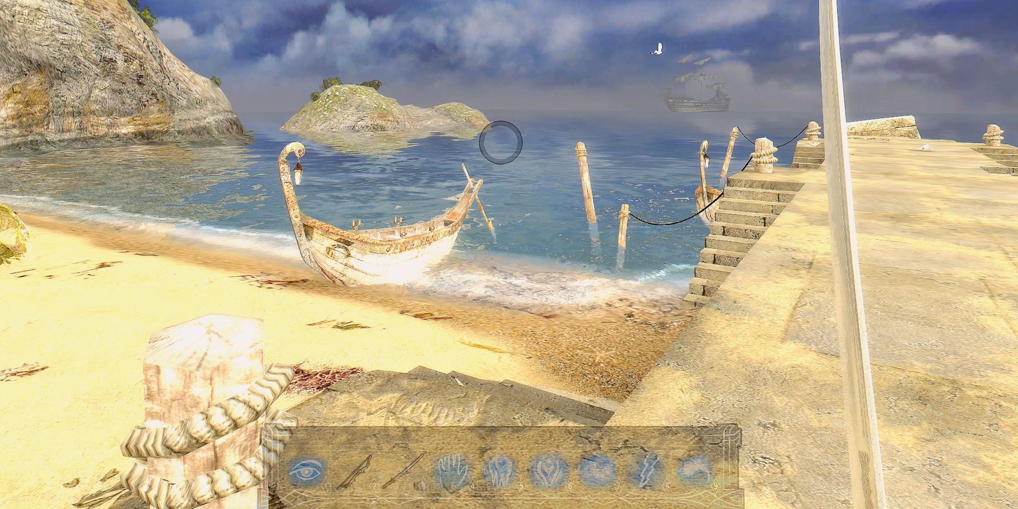 DarkMessiah, MightNMagic, standing on the coast with sword and boat