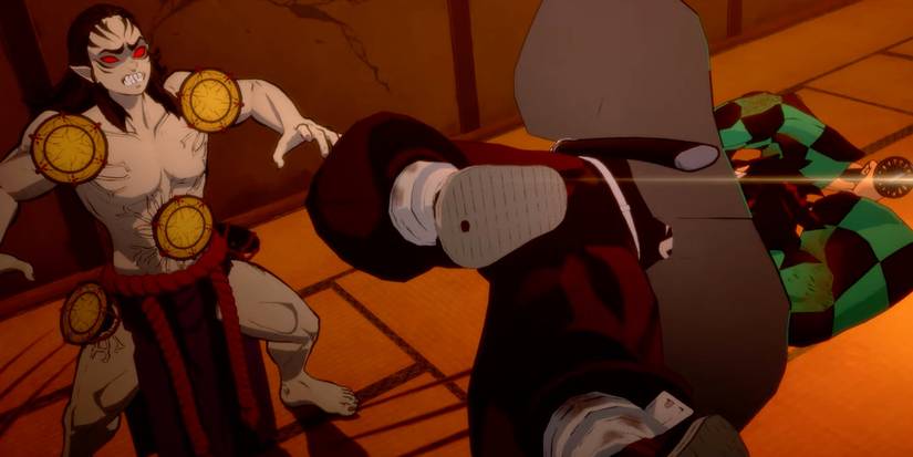 Tanjiro fighting Kyogai in Demon Slayer