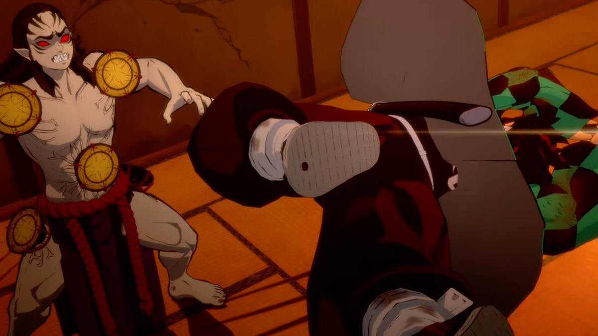 Tanjiro fighting Kyogai in Demon Slayer