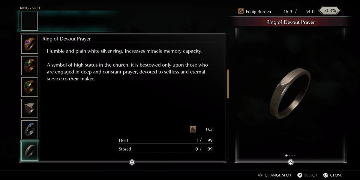 Demon's Souls Ring of Devout Prayer in Inventory Screen