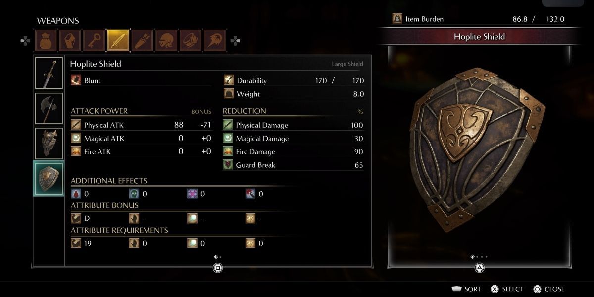 Demon's Souls Hoplite Shield in Inventory Screen