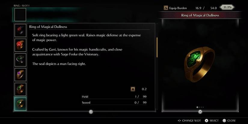 Demon's Souls Ring of Magical Dullness in Inventory Screen