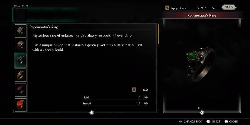 Demon's Souls Regenerator's Ring inventory screen