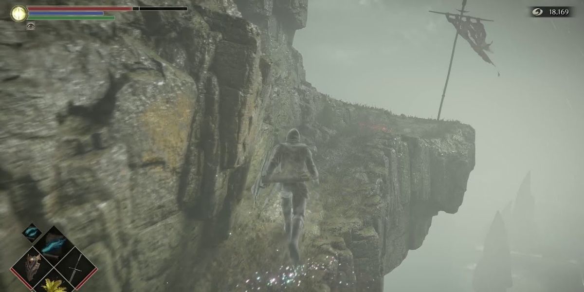 Player running along a ledge in Demon's Souls to retrieve White Arrows