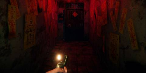 devotion, red lit door, papers scattered on hallway, lighter out