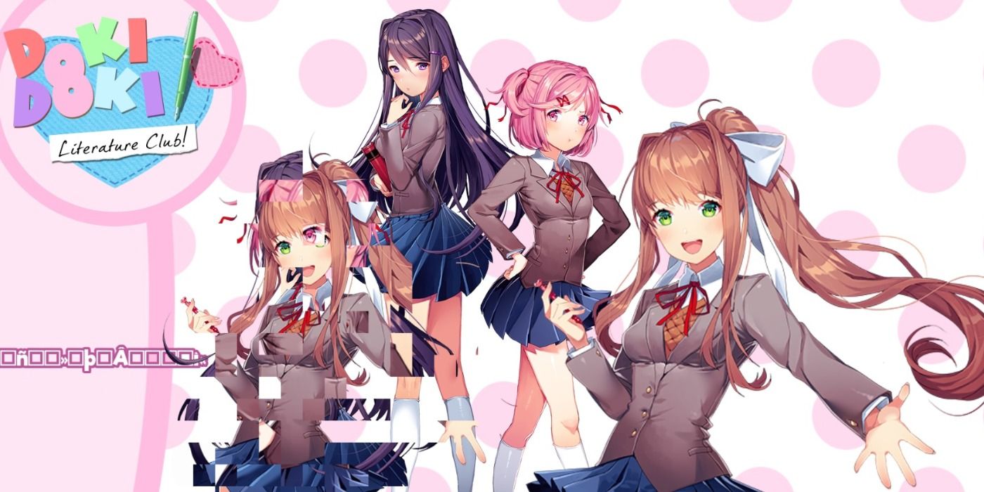 Glitched Monika, Yuri, Natsuki, and Monika of Doki Doki Literature Club