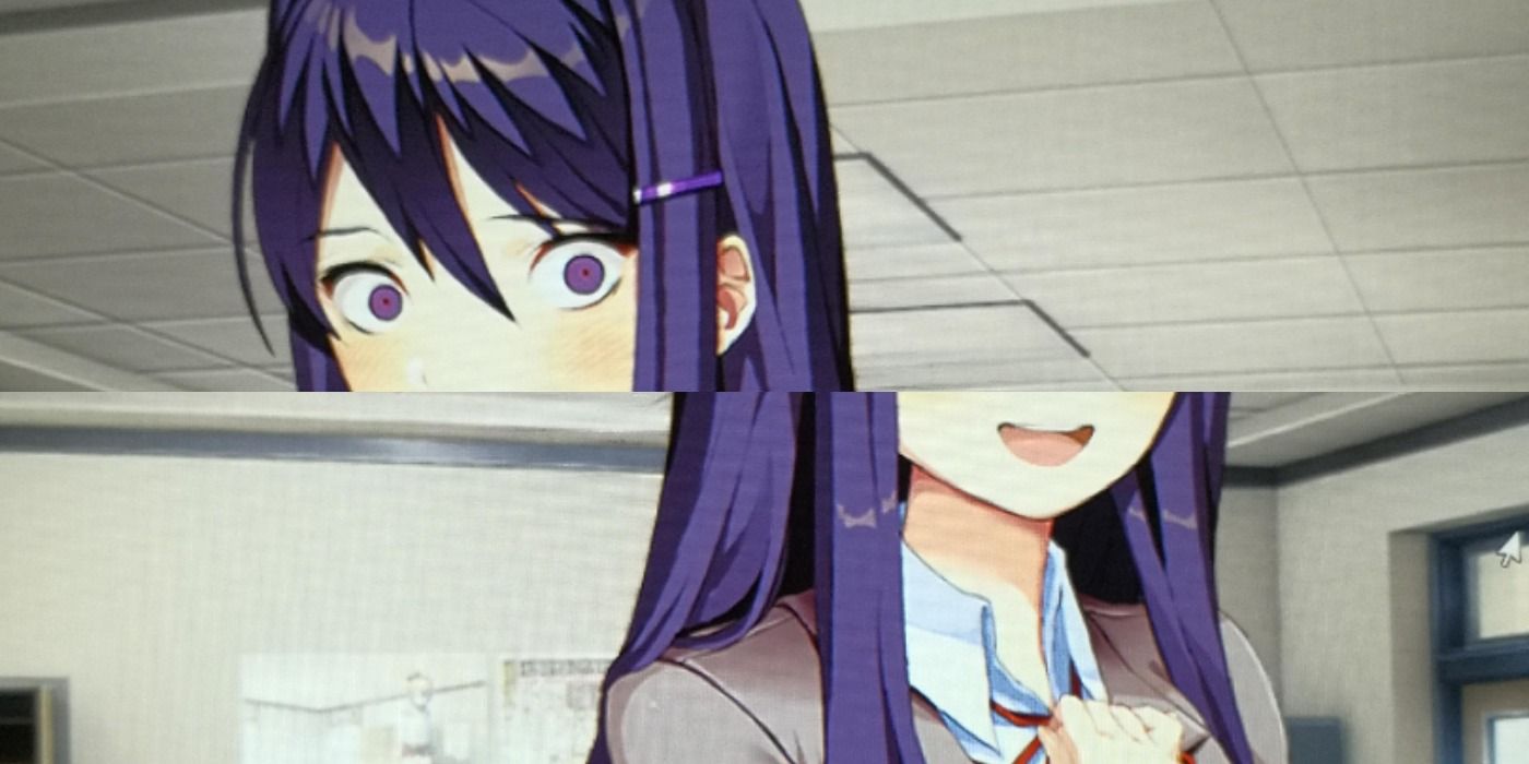 Sayori's ending scene replacing a poster behind Yuri of Doki Doki Literature Club