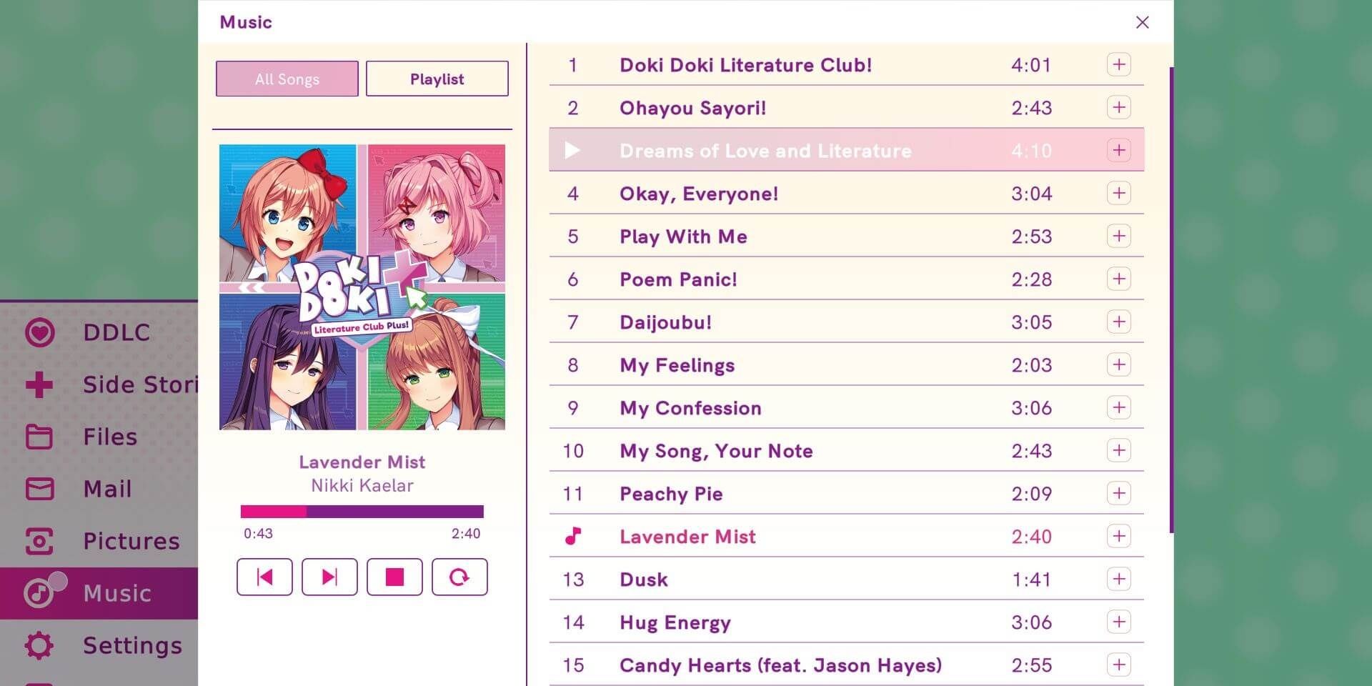 How the desktop looks with the music player popped up in Doki Doki Literature Club