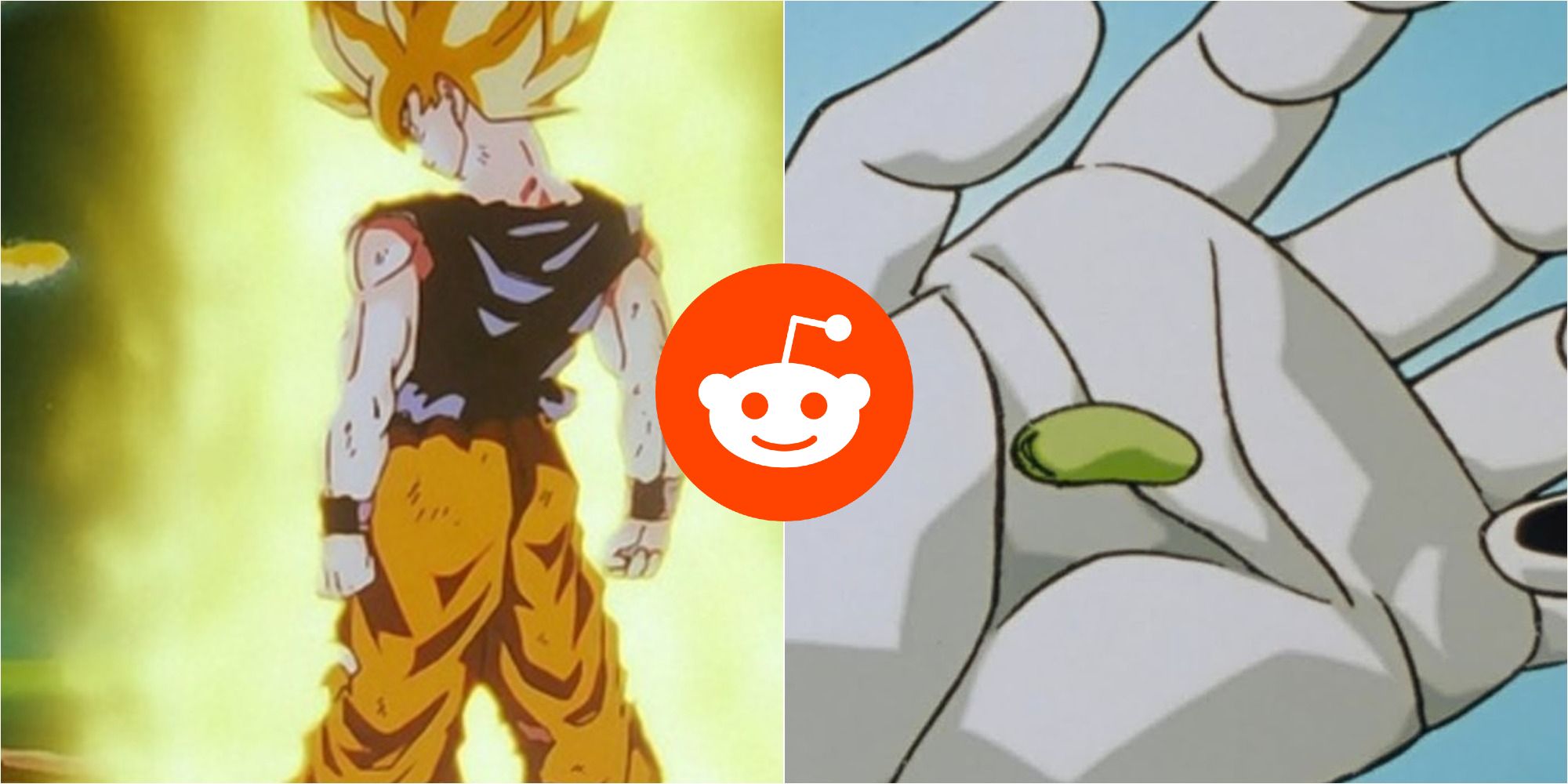 Dragon Ball Featured Split Image With Super Saiyan Goku, Cell Holding Senzu Beans, and Reddit Logo