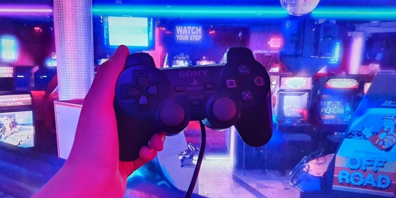Dualshock 2 controller an arcade background