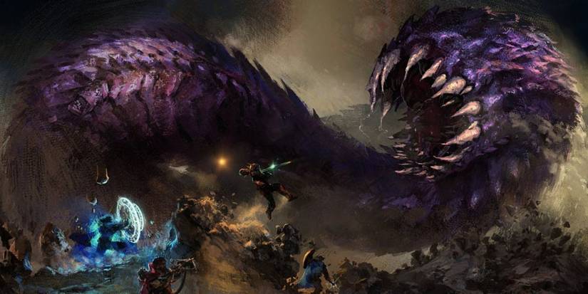 A Purple Worm Fighting A Party