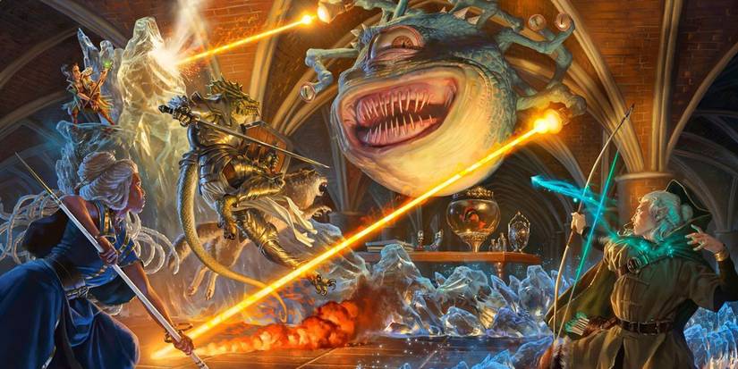 Dungeons and Dragons adventurers fighting a beholder