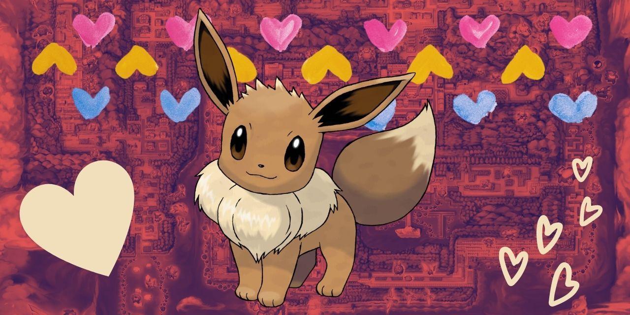 A picture of Eevee against a pink background with hearts surrounding it