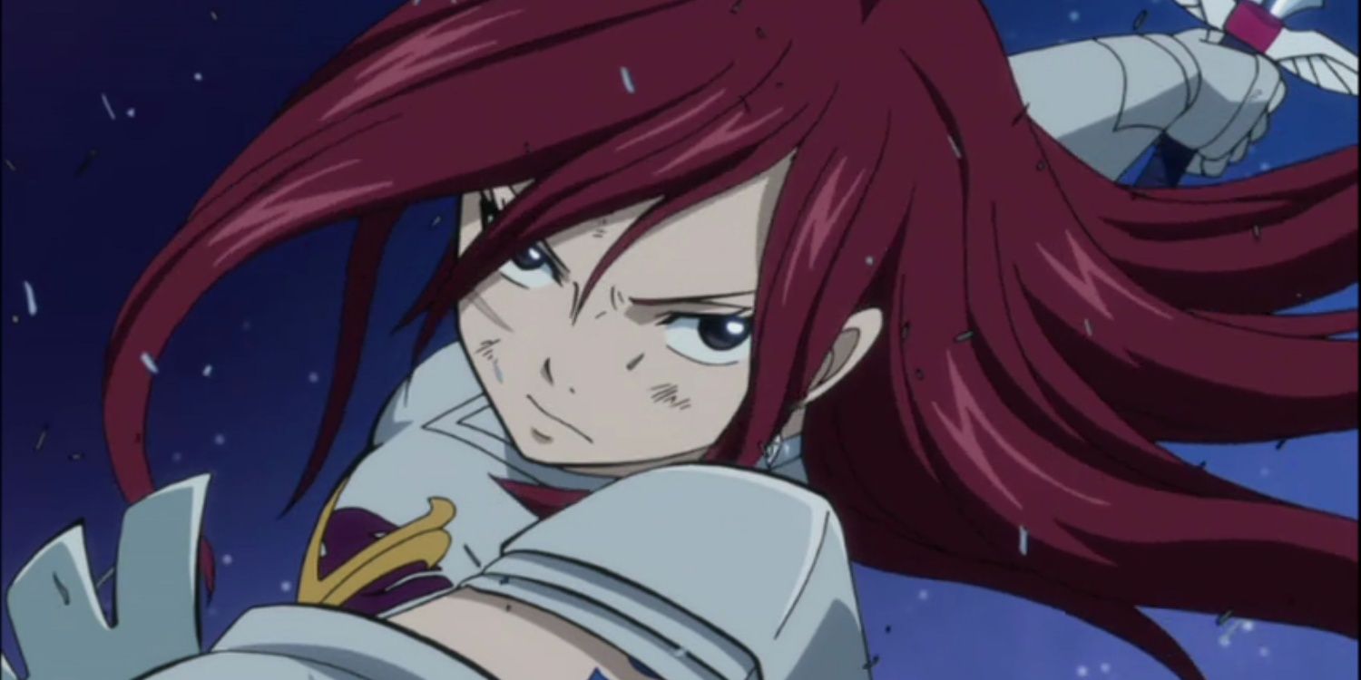 Erza Scarlet in armor fighting Fairy Tail