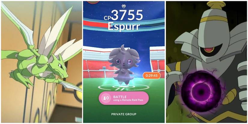 Left: A Scyther - Center: An Espurr In A Raid - Right: A Dusknoir