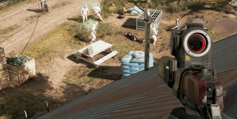 Far Cry5, protag standing on roof looking at cultists