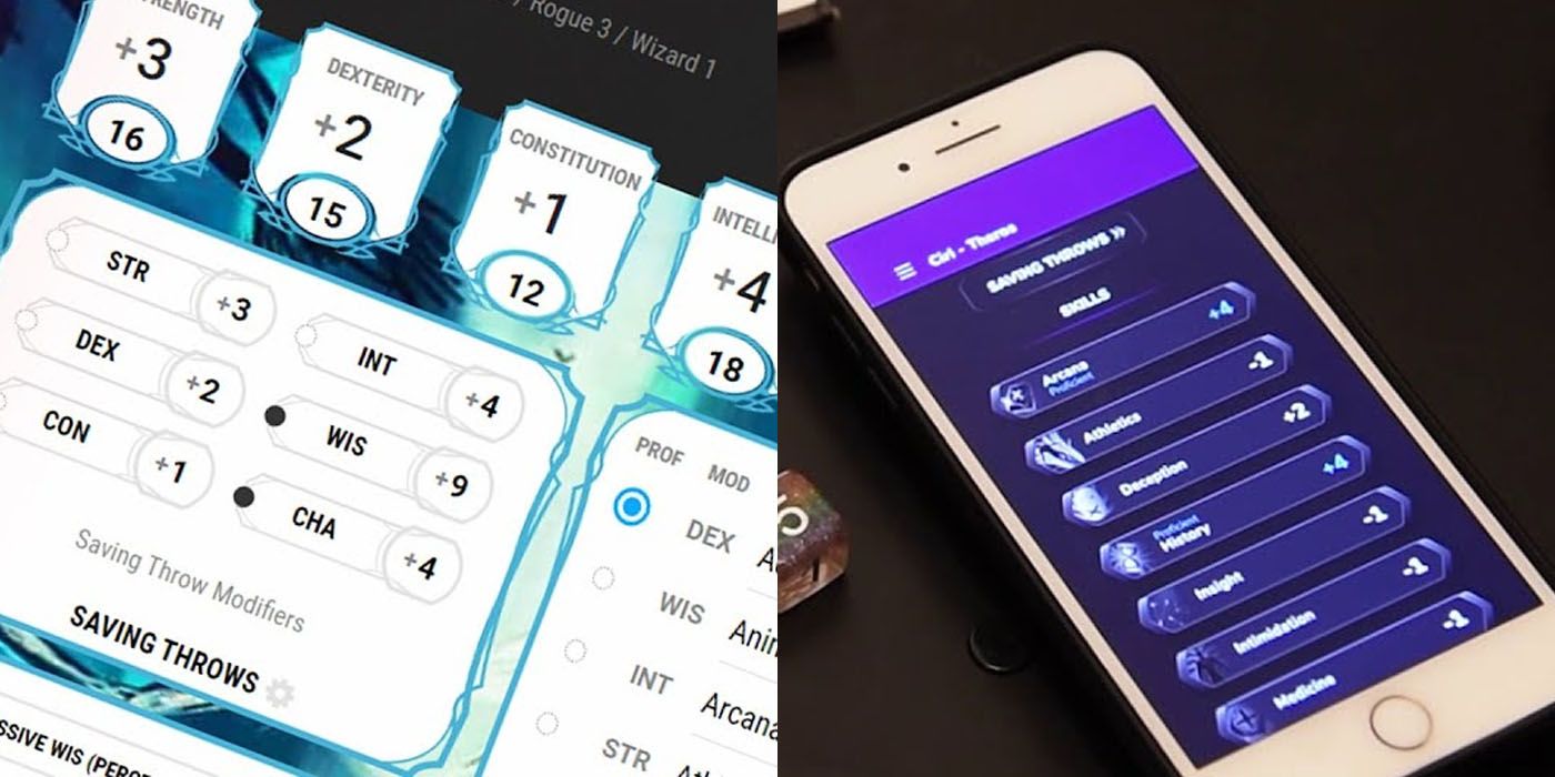 Left: online character sheet; right: character stats on smartphone