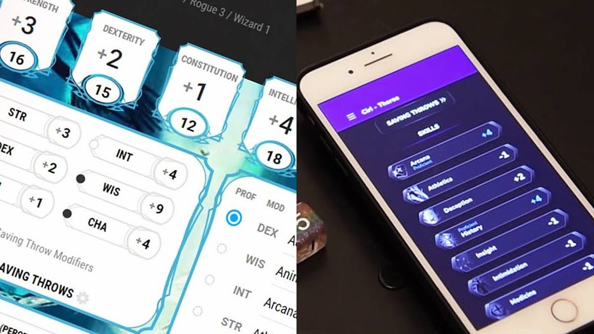 Left: online character sheet; right: character stats on smartphone