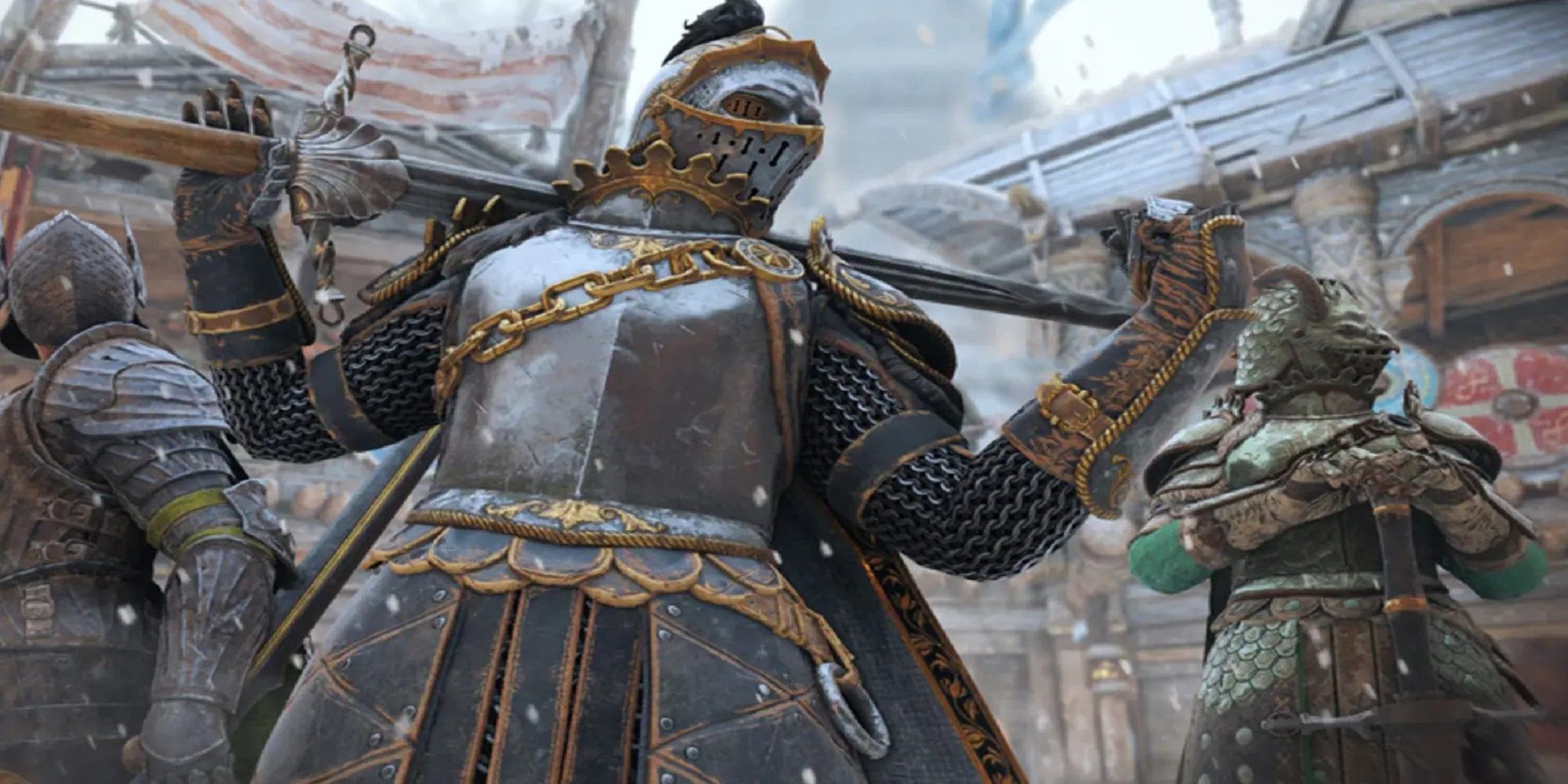 For Honor Knight Vanguard holds weapon behind back in front of two other knights