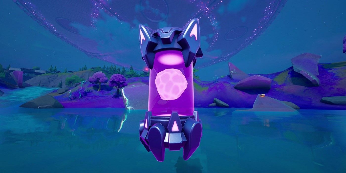 glowing purple canister hovering over lake in fortnite